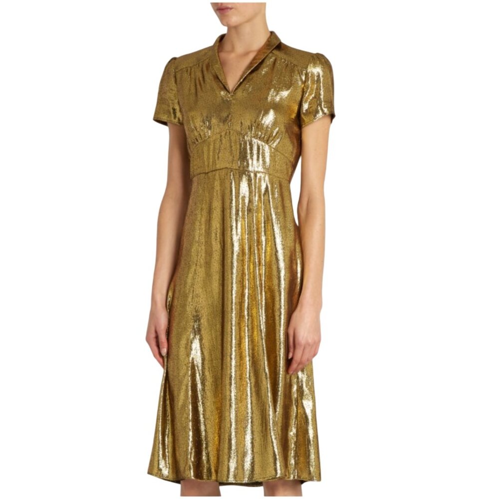 HVN Morgan short sleeved gold lamé dress size 2 XS silk metallic